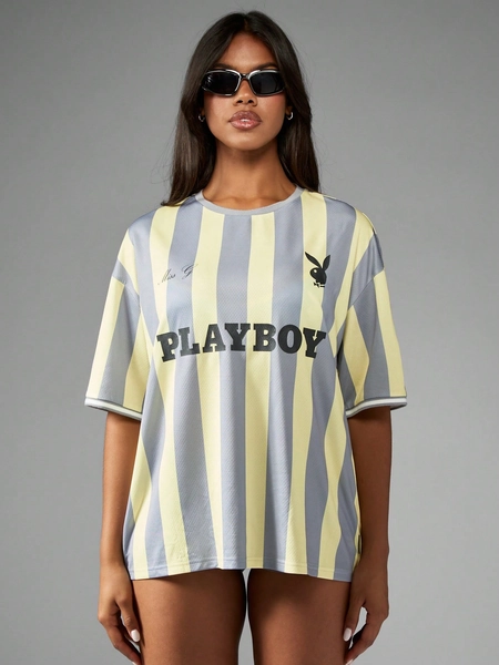 Missguided x Playboy Oversized Jersey Retro Striped T-Shirt