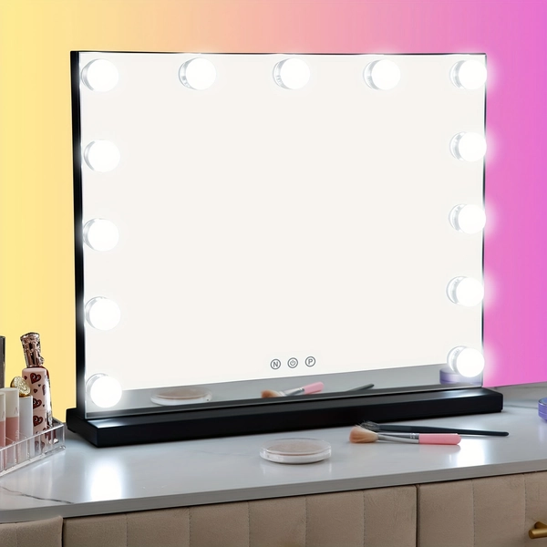 Espejo de Maquillaje Inteligente con LED, Espejo Ultraclaro de 25 Pulgadas con Bombillas Ajustables de Cambio de Color y Brillo en 13 Niveles, Marco Metálico, Control Táctil, Alimentado por USB 5V, Ideal para Dormitorio, Vestidor, Tocador o Montaje en Pared