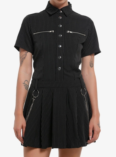 Black Pinstripe Lace-Up Pleated Dress