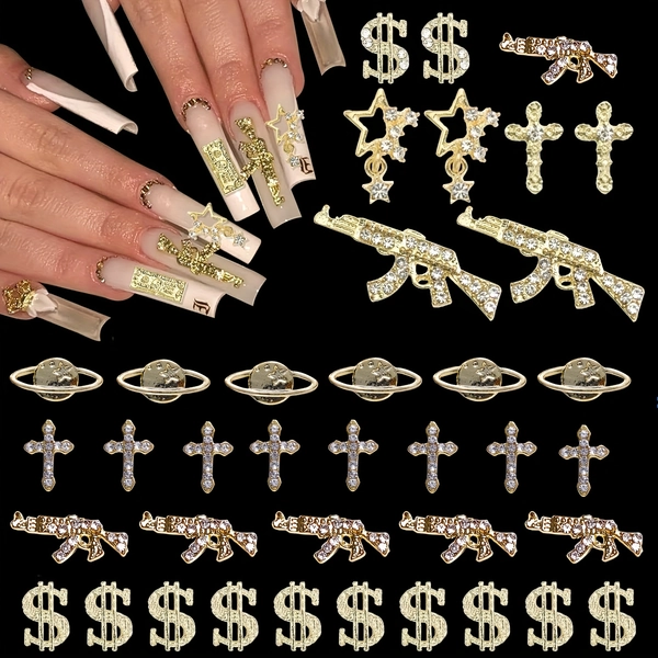 65pcs Gun Nail Charms 3D Cross Nail Art Jewelry - Golden Dollar Sign Charms, Multi-Style Nail Gems for Women & Men, Perfect for Manicure, Nail Art, Nail Decoration, Nail Art Supplies