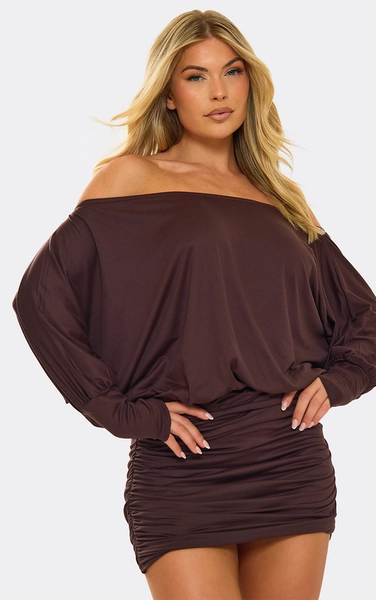 Long Sleeve Off The Shoulder Slouchy Ruched Mini Dress In Brown