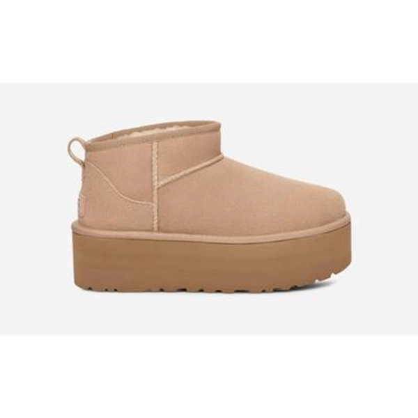 UGG® Women's Classic Ultra Mini Platform Suede Classic Boots in Sand, Size 5
