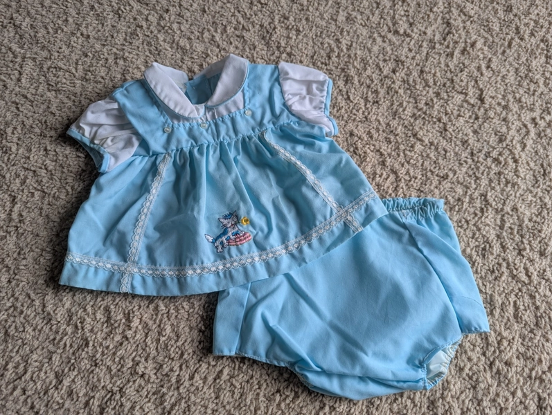 Vintage 1980s Baby Girl 0-3 Months Kitschy Kitty Dress &amp; Bloomers Set Boho Baby