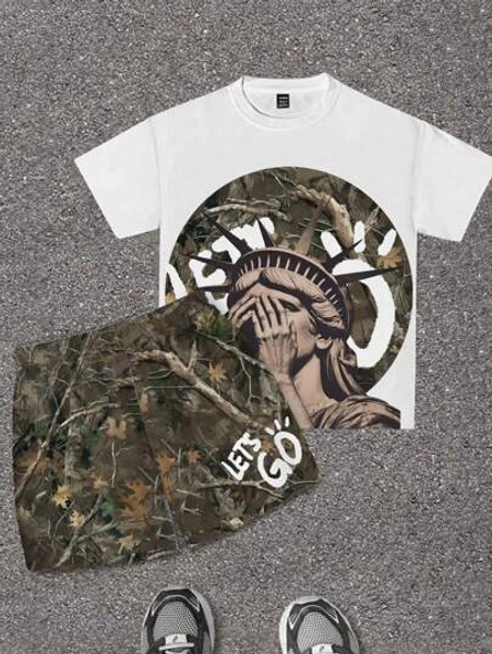 SHEIN 2pcs Tween Boy Casual Chic Classic Cool Statue Of Liberty Face Palm, Military Camo, Nature Dry Branches Print Short Sleeve Crew Neck T-Shirt And Shorts Set, Suitable For Summer Camo Set Kids Boys Camo Outfit Boy Summer Sets Statue Of Liberty Tshirt Camo Shorts