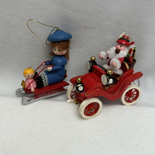 Kurt Adler 1980’s Wooden Ornaments Santa On Red Car Girl On Sled With Baby