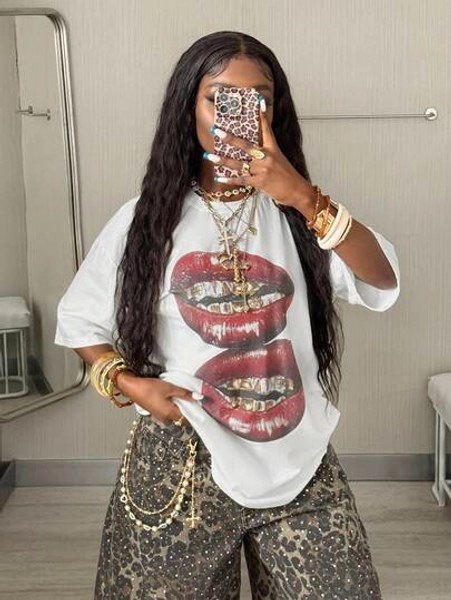 Coolane Women's Summer Concert Streetwear Vintage Casual Y2K Hippie Old Money Comfortable Lips Graphics Oversized White Tees