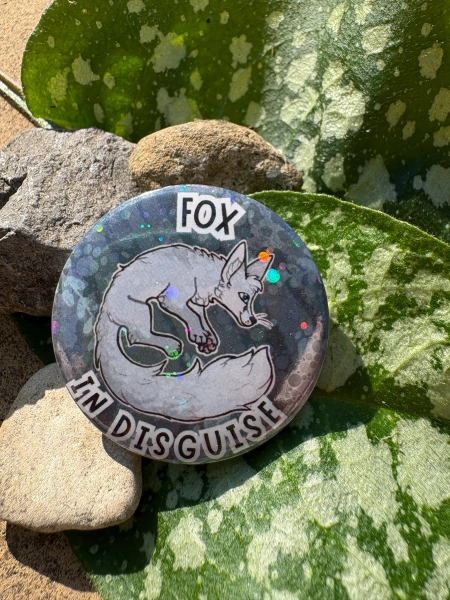 Fox in Disguise 44mm Holographic Pinback Arctic White Fox Therian / Furry Button