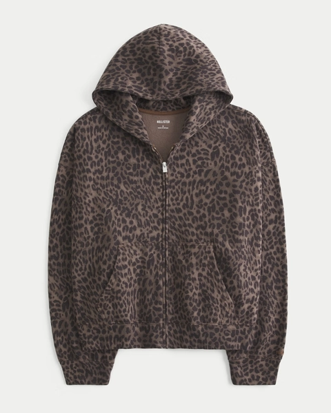 Oversized Leopard Print Zip-Up Hoodie