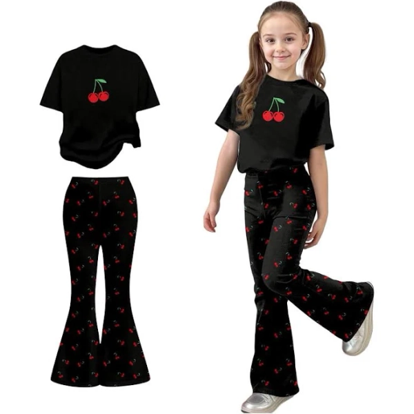 Huangyinggg 2 Piece Outfits Sets Girls Short Sleeve T-Shirt Top and Flared Pants Sets Girls Summer Clothes Back to School Outfits for Girls