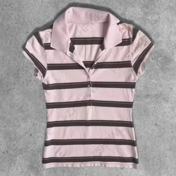 Vintage Y2K Brown and Pink Striped Polo – Short...