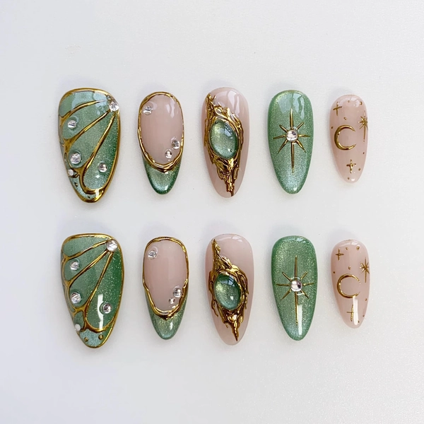 Summer Cat Eye Green Press on nails short almond nails/Glitter Nails/Sparkle Nails/Butterfly Nails/Star Nails/moon nails/3D Gold Chrome nail