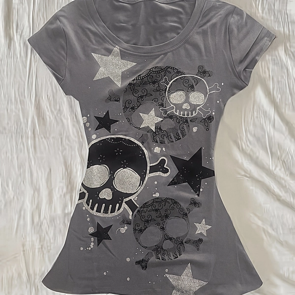 Dames T-shirt in Y2K-stijl, op de Spice Girls geïnspireerde top uit de jaren 2000, T-shirt met ster- en doodshoofdprint, gothic emo punk esthetische mode-T-shirt ZCDX