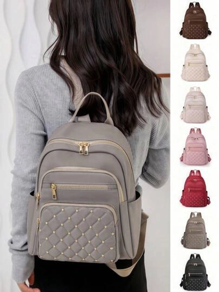 7 Colors Casual Rivet Decorated Women's Backpack, Rhombus Pattern Ravel Storage Backpack, Versatile Nylon Backpack, Lightweight Backpack, Portable, Laptop Compartment, Large Capacity, Suitable For Female College Students, College, Junior High School, High School, Outdoor, Travel, Outing, Elementary School , Rookie's Daily Office, Valentine's Day Gift
