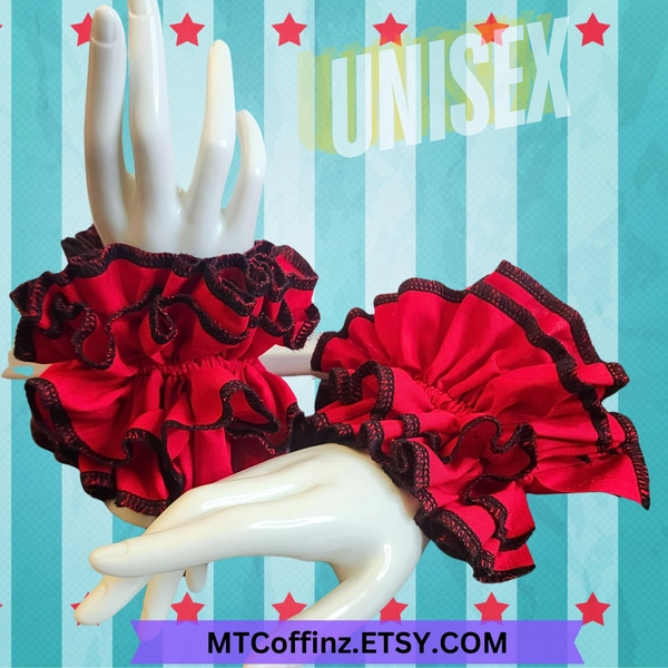 Red Clown Ruffle Cuff Set with Black Trim Traditional Cotton Clowncore Bracelet Harlequin Accessories Jestercore Kidcore Childcore