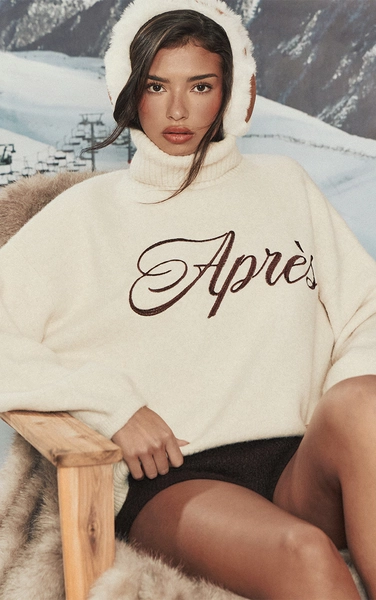 Cream Apres Graphic Roll Neck Knitted Sweater 