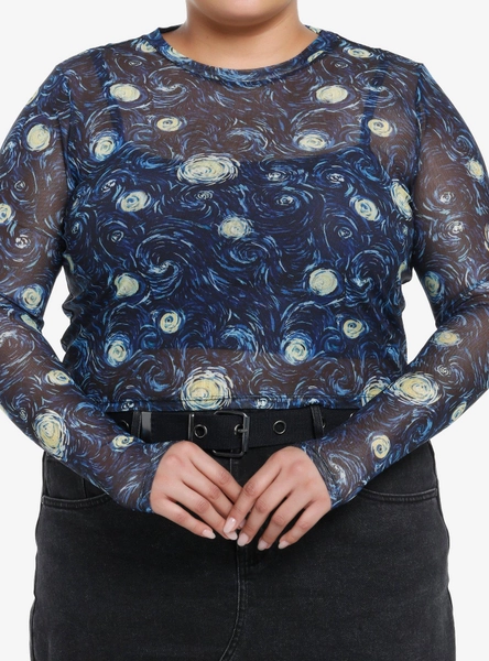 Cosmic Aura Starry Nights Mesh Girls Twofer Long-Sleeve Top Plus Size