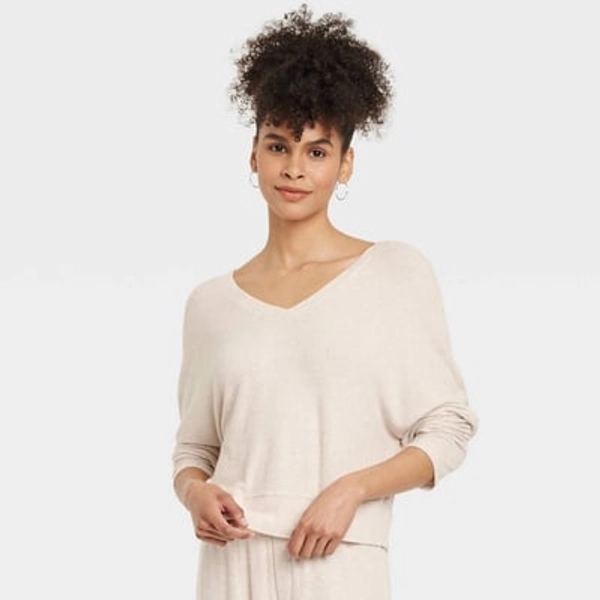 Women's Cozy Ribbed Pullover - Auden™ Oatmeal M: Relaxed Fit, V Neck, Dolman Sleeve, Midweight Fabric