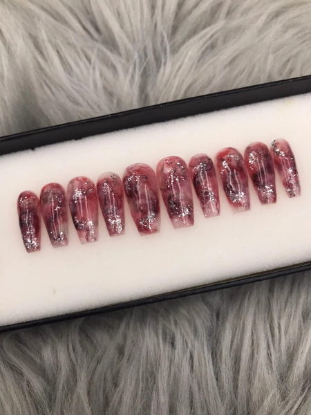 Hand Painted Marble Coffin Press On Nails | Silver Glitter Accents-A297