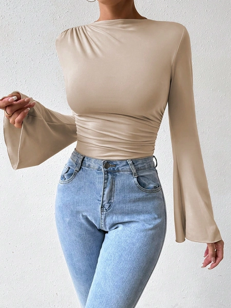 RosyDaze Women's Solid Color Long Sleeve Ruched Slim Fit Bodysuit, Casual Daily Wear Fall Cloth For Women
