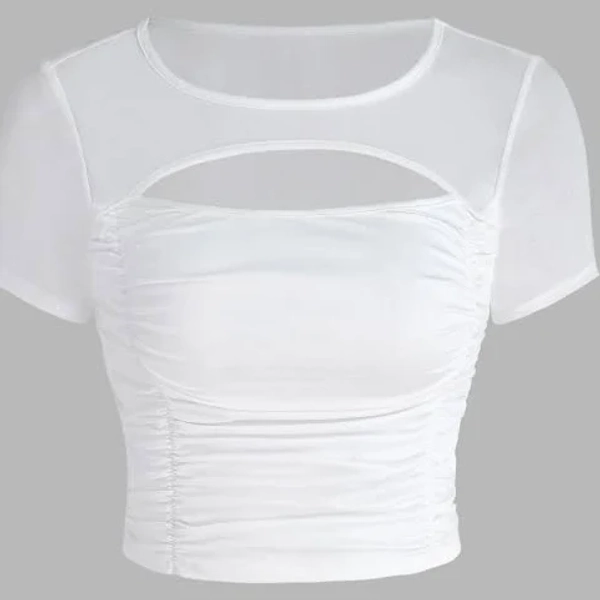 Acubi Knit Fabric Mesh Ruched Cut Out Crop Tee