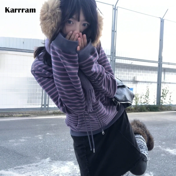Karrram Japanese Y2k Purple Striped Cardigan 2000s Style Turtleneck Knitted Jacket Vintage Harajuku Zipper Knitwear Korean 90s - AliExpress 200000345