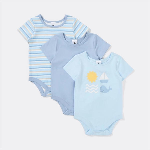 Dymples Baby Short Sleeve Stretch Bodysuit 3 Pack - Blue