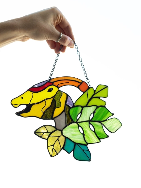 Suncatcher Dinosaur Parasaurolophus Stained glass Nature Ornament Monstera Animal Home House Wall Window Hanging Decor Decoration