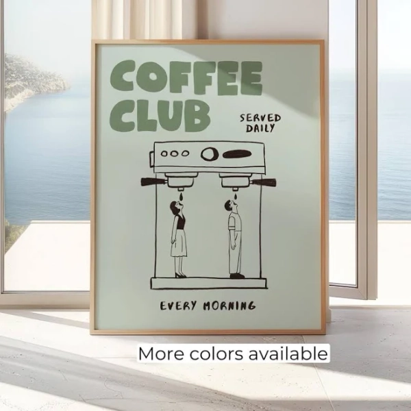 Coffee Club Hand Drawn Retro Kitchen Print, Fun Kitchen Illustration, Trendy Kitchen Decor, Coffee Lover Wall Art, Aesthetic Cafe Poster MR3