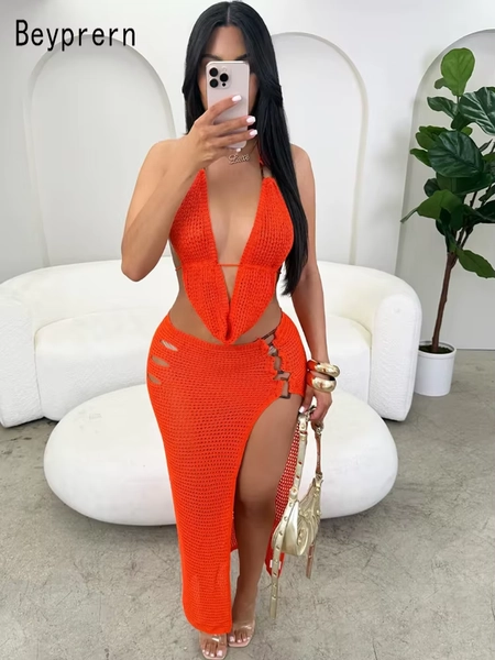Beyprern Women's Halter Neck Knitted Crop Top And Maxi Skirt Set Summer Sundress Orange Crochet Two-Piece Dress Beach Suits Set - AliExpress 200000345