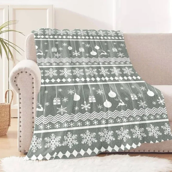 Cozy Christmas Snowflake & Reindeer Flannel Throw Blanket - Soft, Warm, and Versatile for Couch, Office, Digital, Multipurpose, Contemporary, Bed,