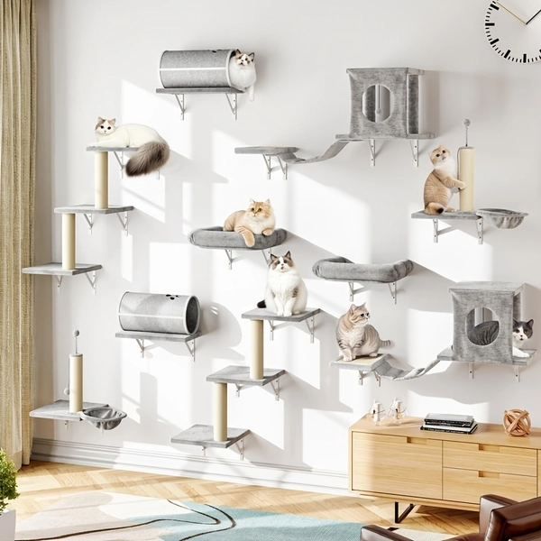 6pcs Deluxe Wall-Mounted Cat Climbing Shelf - Modern Pet Decor, Sleek Frame Design - Multi-Level Cat Tree with Scratching Posts, Condo, Bridge Ladder & Perches - Space-Saving Indoor Cat Furniture for Small & Medium Cats - Sturdy Construction - Cat Climbing Wall System, Pet Activity Center