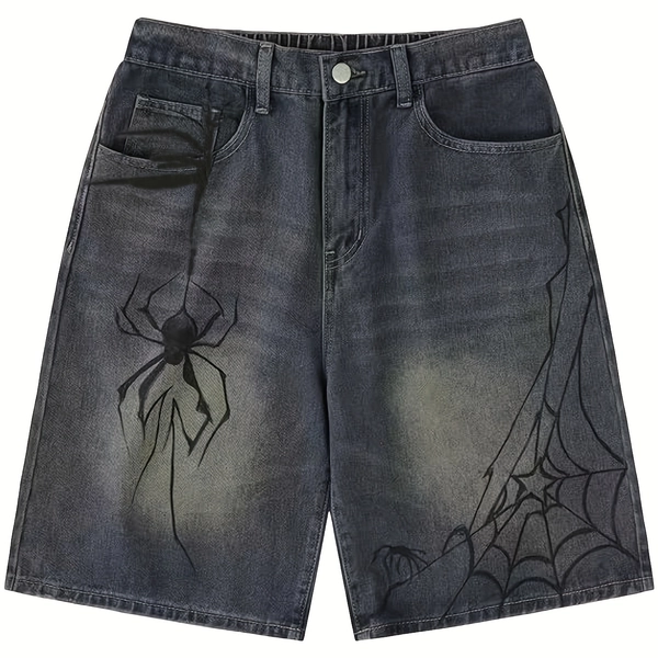 Dark Style Spider Print Bermuda Shorts with Elastic Waistband, Vintage Y2K Mid-Length Pants