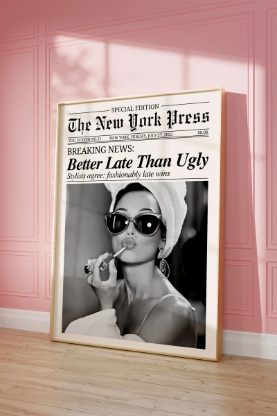 Trendy Newspaper Print, Better Late Than Ugly Quote, New York Times Wall Art, Vintage Bathroom Decor, Girl Dorm Retro, Digital Download