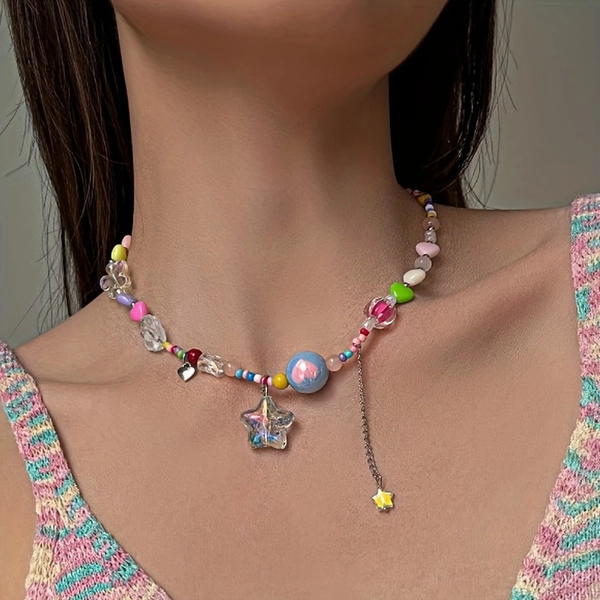 Colorful Beaded Candy Stars Decorated Clavicle Chain Y2K Necklace Bohemian Necklace Accessories Daily Holiday Wear- New fashion jewelry - Party - Halloween gifts, Valentine'S Day gifts, Christmas gifts, Easter gifts