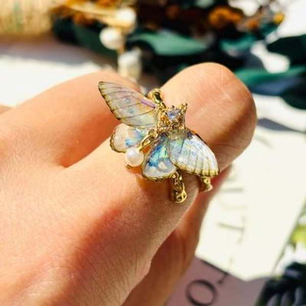 Moth Ring with Pearl, Cute Moth Wings Rings, Insect Fairy Resin Jewelry, Handmade Gift for her