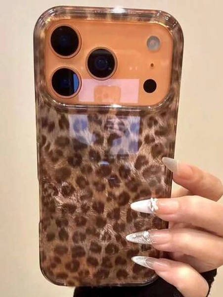 Luxury Autumn Brown Leopard Print Fine Glitter Glacier Phone Case Compatible With IPhone 17 Pro Max 17 Pro 17 16 Pro Max 16 Pro 16 15 Pro Max 15 Pro 15 14 Pro Max 14 Pro 13 Pro Max 12 Pro Max 11 Stylish Shockproof Anti-Drop Phone Cover