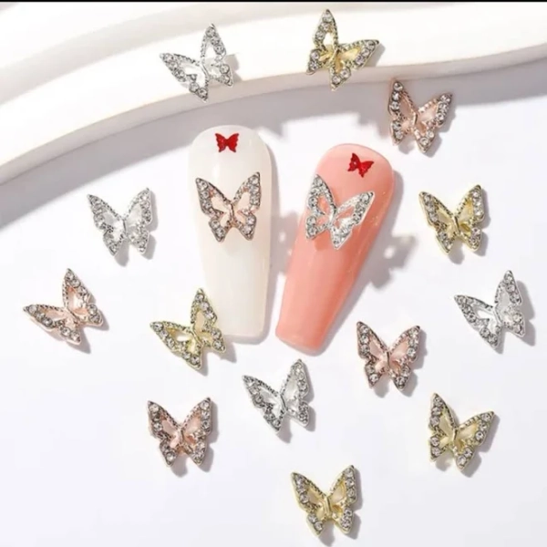 10pcs Golden/silvery Rhinestone Decor Butterfly Nail Art Jewelry Charms Rhinestones 3D Butterfly