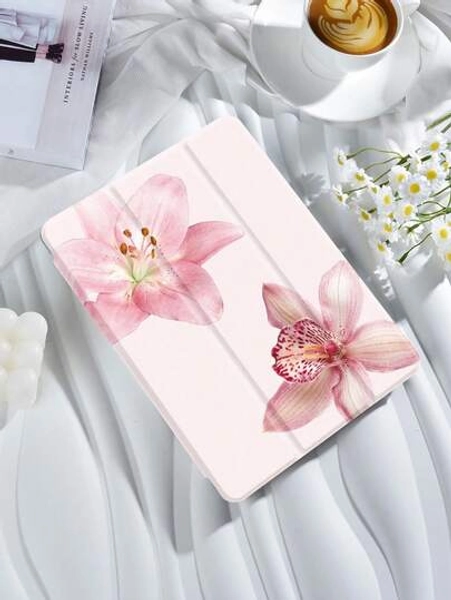 Pink Two Flower Pattern Tablet Case, Compatible With Pad 9.7/10.2/10.5/10.9/12.9/Pro 11, 10th Generation, Compatible With Samsung Galaxy Tab S6 Lite 10.4-Inch, Compatible With Kindle Paperwhite 12th Gen 2024, Kindle (11th Generation) 2022 Version, Soft And Drop Resistant, Intelligent Standing/Automatic Wake-Up/Sleep