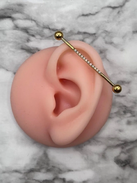 Industrial Barbells Titanium with Opal Set Lined 316L Surgical Steel 14G Body Jewelry - Primary color: Gold