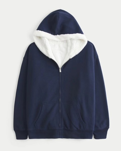 Reversible Faux Fur-Lined Fleece Zip-Up Hoodie