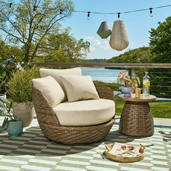 Beautiful Wicker Outdoor Swivel Chair with Bouclé Cushions & Cover by Drew Barrymore, Brown/Porcini