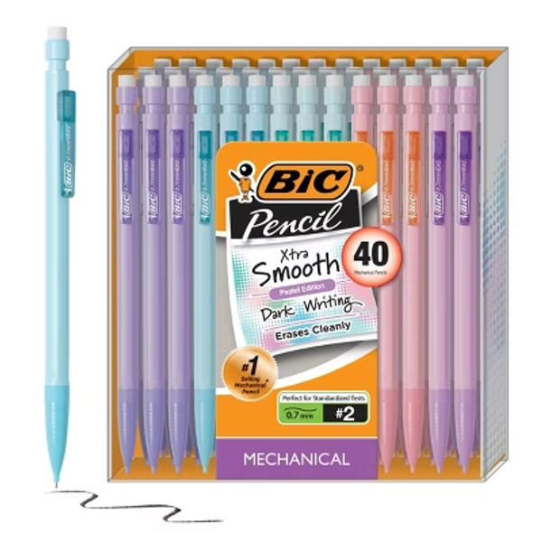 BiC 40pk Xtra Smooth Pastel 0.7mm Mechanical Pencil:Retractable, Pocket Clip, School & Office Supplies, Multicolored