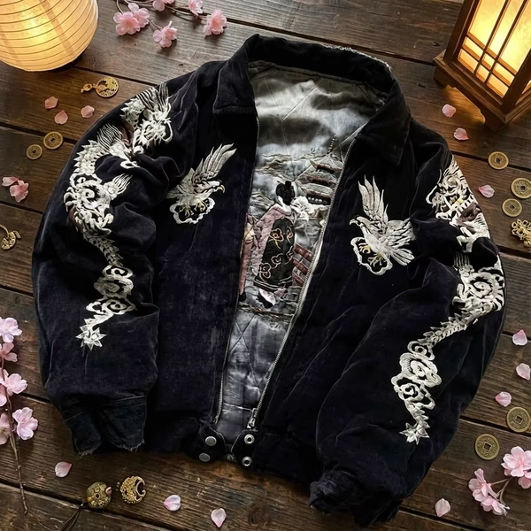 Y2K Trendy Retro Dragon Eagle Embroidered Jacket Men Women Souvenir Landscape Inner Lin Jacket Embroidered Long Sleeved Jacket - AliExpress 200000343