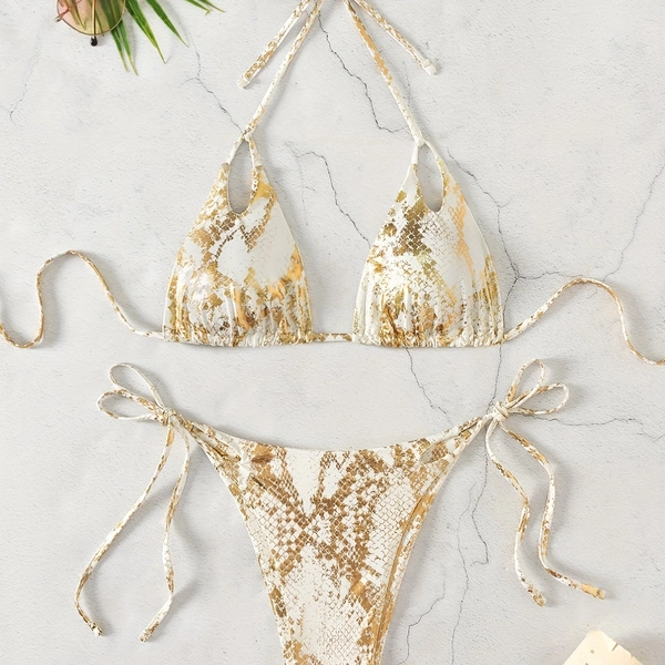 Sexy European and American Drawstring Triangle Cup Bikini with Hot Stamping Snake Pattern Strap Swimwear Double-sided Women's Beach Separated Swimsuit