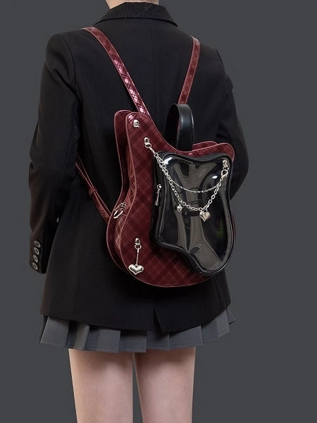 Edgy 2-Way Y2K Black & Red Plaid Guitar-Shaped Ita Bag With Heart Chain Accents