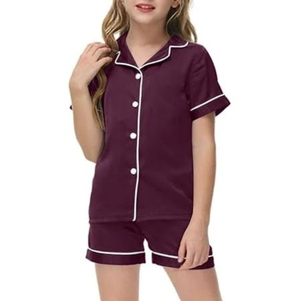 Byoo Big Girls Silk Sleepwear Set Solid Color Short Sleeves Button Down Shirt Shorts Classic Loungewear Outfit Soft Clothes Set, Girl's, Size: 8-9