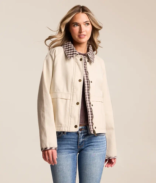 X-Small Cream Plaid Trim Denim Jacket