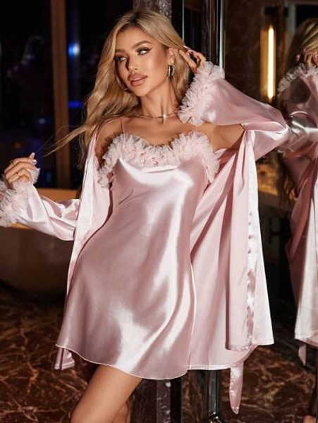 SilkySpell 2pcs Set: Floral Trim Faux Silk Nightgown And Belted Robe, Fall Winter Clothes Cozy And Elegant Details