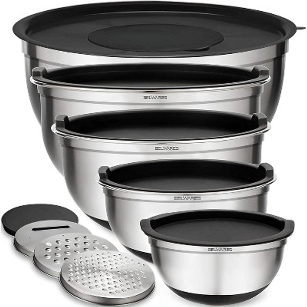 Mixing Bowls with Lids Set - Nesting Bowls with Airtight Lids Graters - Stainless Steel Non-Slip Mixing Bowl for Baking, (Black, 5-Piece Set)