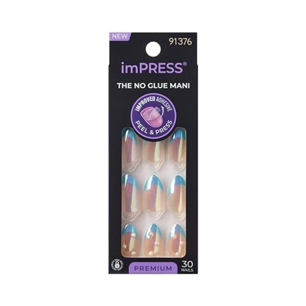 KISS imPRESS No Glue Mani Press On Nails, Premium, 'Best Life', Blue, Medium Size, Almond Shape, Includes 30 Nails, Prep Pad, Instructions Sheet, 1 Manicure Stick, 1 Mini File